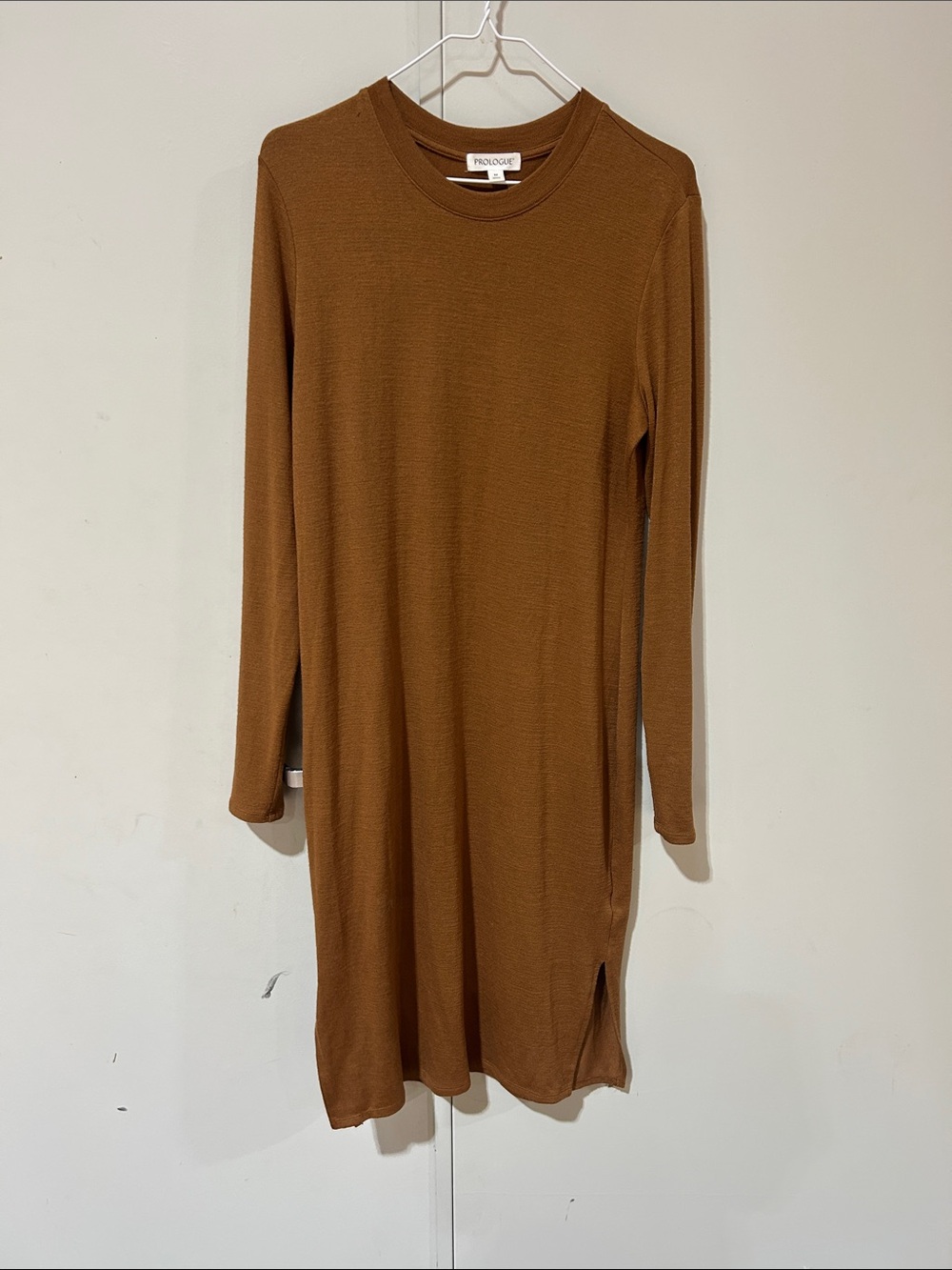 Prologue Long Sleeve Crewneck Knit Dress in Caramel Brown